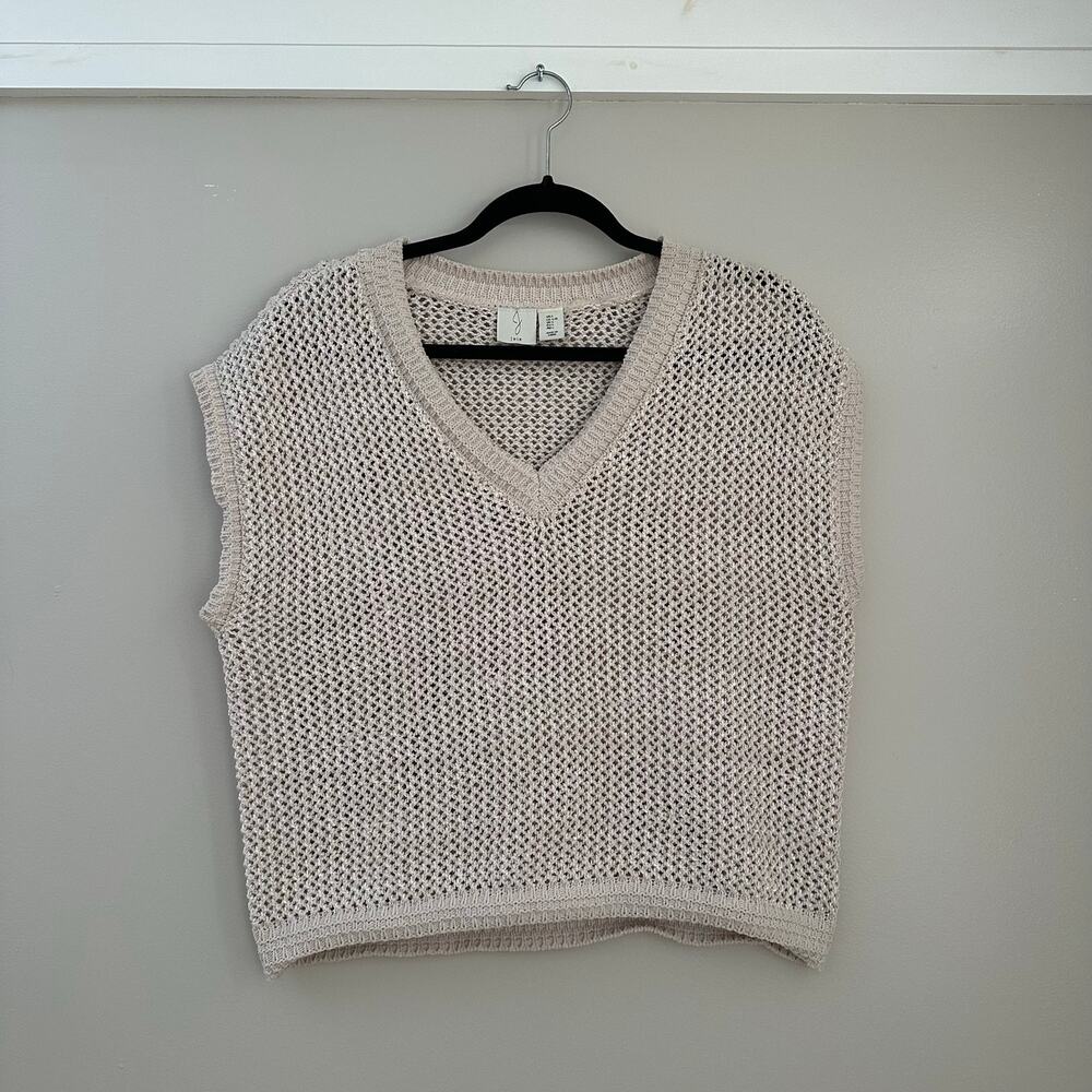Joie Sweater‎ Vest Womens Large Beige EUC Open Knit Mesh Sequin V-Neck Sparkle